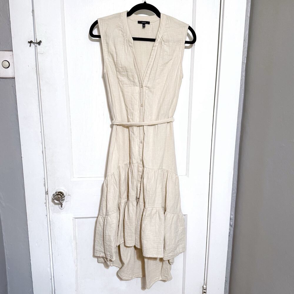 Drew Anthropologie High/Low Button Front Belted Dress Stone Natural Tan Sz Small